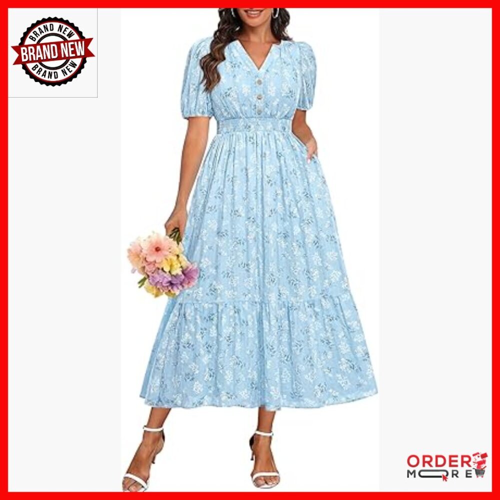 Midi Maxi Dress with Pockets, Puff Sleeves, V-Neck, Cotton, Casual Wedding Guest